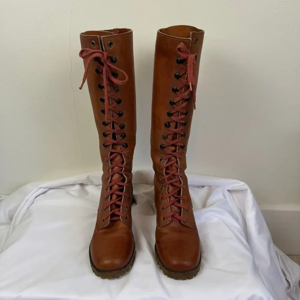 Vtg FRYE 60s 70s Women's 10 B Boots Brown Leather Lace Up Campus Stacked Heel - Picture 4 of 16